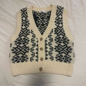 Zara Knit Fair Isle Geometric Sweater Vest Button Front Cream Black V-Neck